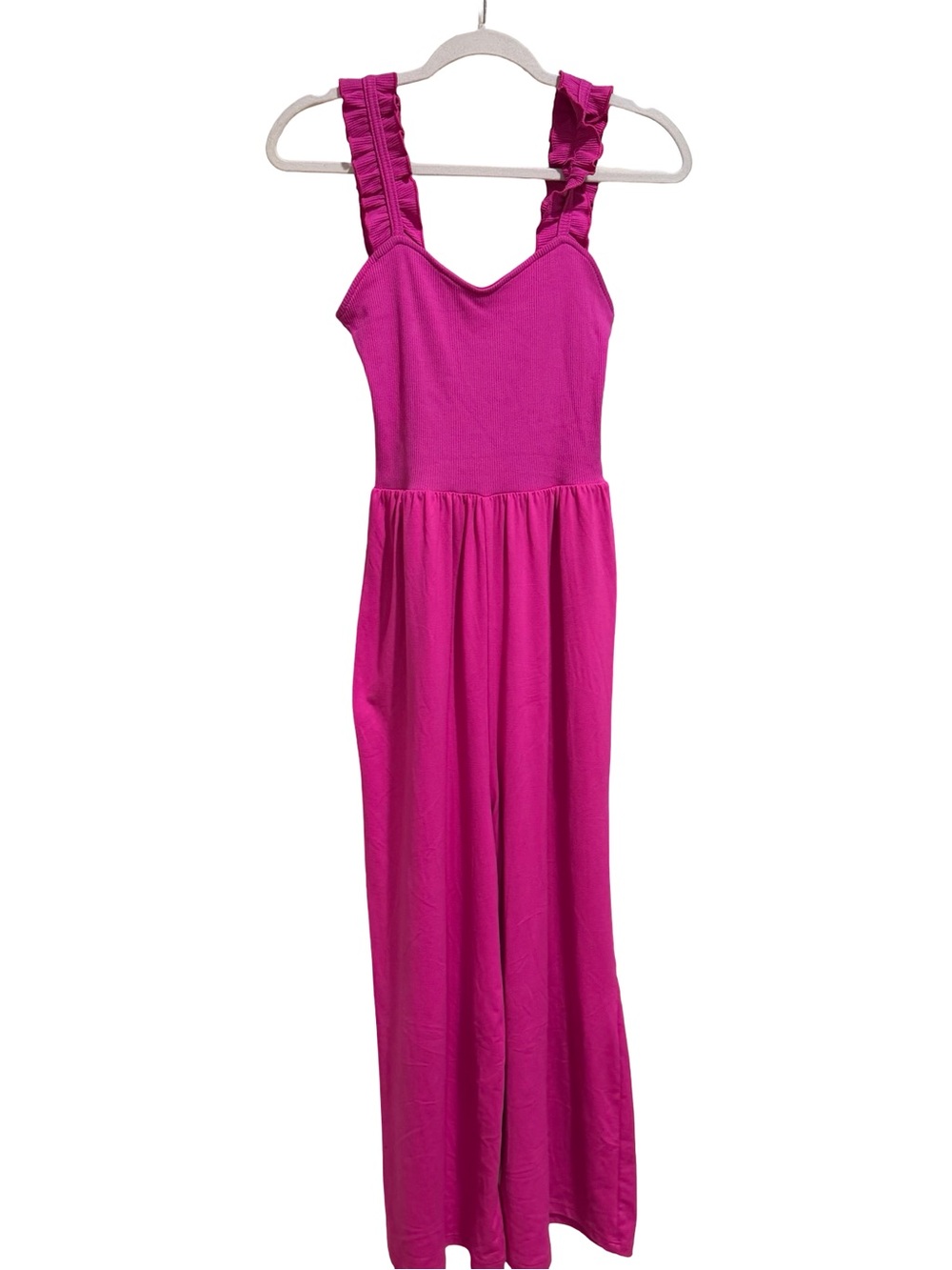 💖 Entro Hot Pink Cropped Wide Leg Jumpsuit Ruffled Strap Size Small - Picture 11 of 14